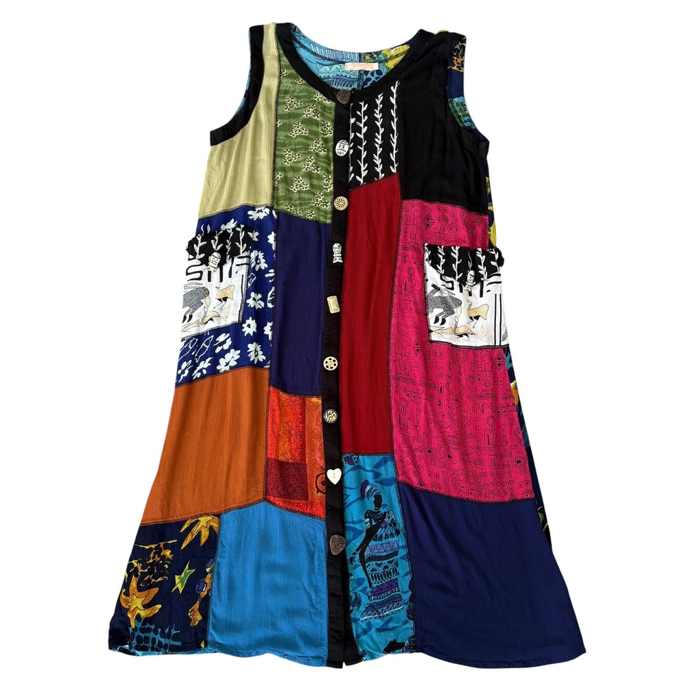 Vintage Patchwork Midi Skirt Multi Lagenlook Tribal Novelty Buttons Boho 1X